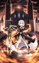 Rule 34 | 1girl, aircell, ankle boots, black footwear, blue eyes, blurry, blurry background, boots, breasts, building, checkered floor, church, closed mouth, damaged, dress, expressionless, hair between eyes, hair over shoulder, highres, holding, holding sword, holding weapon, honkai (series), honkai impact 3rd, juliet sleeves, light particles, long hair, long sleeves, long sword, looking at viewer, puffy sleeves, silver hair, solo, sunset, sword, theresa apocalypse, theresa apocalypse (valkyrie pledge), thighhighs, torn clothes, weapon, white thighhighs, wind, wind lift