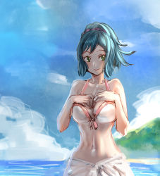 Rule 34 | 10s, 1girl, bare shoulders, bikini, bikini top only, blue hair, bow (bhp), breast suppress, breasts, cleavage, cloud, day, front-tie top, green eyes, gundam, gundam build fighters, halterneck, hands on breasts, highres, iori rinko, large breasts, mature female, navel, ponytail, scrunchie, sketch, smile, solo, swimsuit, water, white bikini