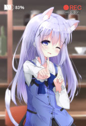 Rule 34 | 1girl, animal ears, battery, black skirt, blue bow, blue bowtie, blue eyes, blue hair, blue vest, blurry, blush, bottle, bow, bowtie, buttons, cat ears, cat tail, collared shirt, commentary request, cowboy shot, cup, depth of field, embarrassed, flat chest, gochuumon wa usagi desu ka?, highres, index finger raised, indoors, jar, kafuu chino, kemonomimi mode, koi dance, kouda suzu, light blue hair, long hair, long sleeves, looking at viewer, one eye closed, open mouth, rabbit house uniform, recording, saucer, shelf, shirt, sidelocks, skirt, solo, standing, stool, tail, vest, wavy mouth, white shirt, wing collar