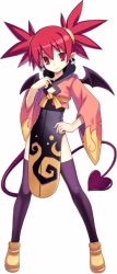 Rule 34 | 1girl, alternate costume, black thighhighs, cross edge, demon tail, demon wings, disgaea, earrings, etna (disgaea), flat chest, full body, harada takehito, jewelry, nippon ichi, official art, pointy ears, purple thighhighs, red eyes, red hair, side slit, skull, solo, standing, tail, thighhighs, transparent background, twintails, wings