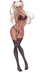 Rule 34 | 00s, 1girl, black lilith, blonde hair, bra, breasts, cleavage, covering privates, covering crotch, curvy, dark-skinned female, dark skin, embarrassed, female focus, female orgasm, fingernails, full body, game cg, hair ornament, highres, kagami hirotaka, kangoku senkan, kangoku senkan 3, kila kushan, large breasts, lilith-soft, lingerie, lips, long hair, looking at viewer, moaning, navel, nervous, nipples, orgasm, panties, pink eyes, shiny skin, side-tie panties, solo, standing, sweat, tachi-e, thighhighs, thighs, thong, transparent background, twintails, underwear, underwear only, very long hair, wavy hair, wide hips