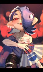 Rule 34 | 1girl, blue hair, chest sarashi, earrings, grin, hair over one eye, hand fan, highres, jewelry, looking at viewer, looking down, nintendo, octoling player character, okaranko, open mouth, paper fan, red eyes, sarashi, shiver (splatoon), smile, solo, splatoon (series), tentacle hair, torn clothes, torn legwear
