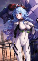 Rule 34 | 1girl, absurdres, ahoge, alternate hairstyle, ayanami rei, ayanami rei (cosplay), blue hair, blush, bodysuit, breasts, commentary, cosplay, covered navel, english commentary, ganyu (genshin impact), genshin impact, gradient sky, hairpods, hand on own chest, highres, horns, kokukyukeo, long hair, looking at viewer, medium breasts, neon genesis evangelion, parted lips, plugsuit, purple eyes, sidelocks, sky, snowflakes, solo, standing, thighs, twilight, white bodysuit