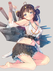 Rule 34 | 10s, 1girl, ahoge, barefoot, blue eyes, blush, breasts, brown hair, daito, detached sleeves, hair ornament, hairband, headgear, japanese clothes, kantai collection, kneeling, kongou (kancolle), long hair, looking at viewer, midriff, navel, ribbon-trimmed sleeves, ribbon trim, skirt, smile, solo, wide sleeves