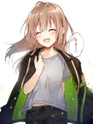 Rule 34 | 1girl, :d, ^ ^, black jacket, black pants, blush, brown hair, closed eyes, commentary request, copyright request, grey shirt, hair between eyes, jacket, jacket on shoulders, long hair, mochizuki shiina, open mouth, pants, shirt, short sleeves, simple background, smile, solo, translation request, white background