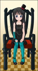Rule 34 | 00s, 1girl, aged down, akiyama mio, black eyes, black hair, blue pantyhose, cane, chair, child, don&#039;t say &quot;lazy&quot;, fingerless gloves, full body, gloves, hat, highres, k-on!, long hair, mini hat, mini top hat, pantyhose, sitting, sk (buta), solo, top hat