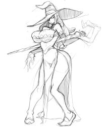 Rule 34 | 1girl, breasts, bursting breasts, cleavage, detached sleeves, dragon&#039;s crown, dress, greyscale, hat, hat over one eye, huge breasts, kanemaki thomas, legs, long hair, monochrome, one eye covered, pigeon-toed, pointy footwear, shoes, side slit, sketch, solo, sorceress (dragon&#039;s crown), staff, strapless, strapless dress, thighs, witch hat