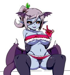Rule 34 | 1girl, :p, bandeau, bare shoulders, black sclera, black thighhighs, blue skin, blush, breasts, brown hair, candy, candy cane, christmas, colored sclera, colored skin, demon girl, demon wings, devil (monster girl encyclopedia), elbow gloves, food, gloves, head wings, highleg, highleg panties, large breasts, looking at viewer, microskirt, monster girl encyclopedia, monster girl encyclopedia ii, naughty face, nav (itsnav), navel, panties, pointy ears, sexually suggestive, side ponytail, simple background, sitting, skirt, solo, spread legs, strapless, tail, thighhighs, tongue, tongue out, tube top, underboob, underwear, white background, wings