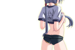 Rule 34 | ass, back, blue hair, buruma, butt crack, clothes lift, from behind, gym uniform, head out of frame, japanese text, long hair, looking away, original, sakuya tsuitachi, shirt lift, simple background, skin tight, solo, twintails, white background
