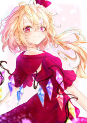Rule 34 | 1girl, absurdres, alternate costume, antenna hair, blonde hair, blurry, blush, bow, calpis118, commentary request, cowboy shot, crystal, depth of field, dress, flandre scarlet, from side, hair between eyes, hair bow, highres, leaning back, light particles, looking at viewer, looking to the side, no headwear, one side up, pink background, red bow, red dress, red eyes, short hair, short sleeves, simple background, smile, solo, touhou, wings