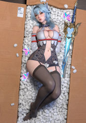 Rule 34 | 1girl, 3d, absurdres, bdsm, black hairband, black headband, black leotard, blue hair, blue necktie, blush, bodystocking, bondage, boots, bound, box, breasts, center opening, chinese commentary, cleavage, derivative work, eula (genshin impact), fantasy, feet, garter straps, genshin impact, greatsword, hairband, headband, high-waist shorts, highres, in box, in container, leotard, lipstick, long hair, looking at viewer, lying, makeup, medium breasts, navel, necktie, packing peanuts, shorts, solo, song of broken pines (genshin impact), sword, thigh boots, thighhighs, thighs, wenshuimao, yellow eyes