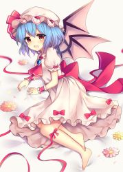 Rule 34 | 1girl, :d, absurdres, ascot, back bow, barefoot, bat wings, bed sheet, blue hair, blush, bow, breasts, brooch, commentary request, dress, dress bow, eyelashes, fang, fingernails, flower, frilled shirt collar, frilled sleeves, frills, hat, hat ribbon, highres, jewelry, leg ribbon, looking at viewer, lying, medium breasts, mob cap, on side, open mouth, petals, pink dress, pink flower, puffy short sleeves, puffy sleeves, red ascot, red bow, red eyes, red ribbon, remilia scarlet, ribbon, ruhika, short hair, short sleeves, simple background, skin fang, smile, solo, tongue, touhou, white background, wings, wrist cuffs, yellow flower