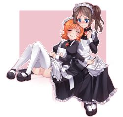 Rule 34 | 2girls, apron, ass, bloody marie (skullgirls), blue eyes, blush, brooch, brown hair, closed eyes, female focus, flat chest, frills, happy, highres, jewelry, long hair, looking at another, maid, maid headdress, mary janes, multiple girls, orange hair, peacock (skullgirls), pink background, shoes, short hair, short twintails, simple background, sitting, skullgirls, smile, thighhighs, twintails, white legwear