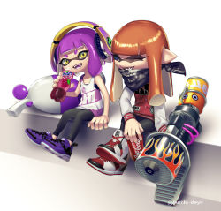 Rule 34 | 2girls, absurdres, arm support, bandana, bike shorts, black shorts, blue eyes, blunt bangs, can, coca-cola, colored tongue, drink can, fangs, food, headphones, highres, holding, holding food, holding weapon, inkling, inkling (language), inkling girl, inkling player character, jacket, leggings, letterman jacket, logo, long hair, long sleeves, looking at another, luna blaster (splatoon), multiple girls, nintendo, one eye closed, open mouth, orange hair, pointy ears, puchiman, purple footwear, purple hair, purple tongue, range blaster (splatoon), short hair, shorts, single vertical stripe, sitting, skull print, smile, soda bottle, soda can, splatoon (series), splatoon 2, tank top, tentacle hair, twitter username, weapon, white footwear, yellow eyes