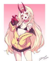 Rule 34 | 1girl, blonde hair, breasts, claws, commentary request, dated, facial mark, fate/grand order, fate (series), gradient background, highres, horns, ibaraki douji (fate), jacket, long hair, oni, oni horns, open mouth, pointy ears, red background, scarlet zel, signature, sleeves past fingers, sleeves past wrists, small breasts, solo, standing, tattoo, thighs, two-tone background, white background, yellow eyes, yellow jacket
