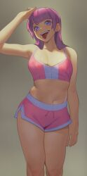 Rule 34 | 1girl, absurdres, arm up, blush, breasts, earrings, highres, jewelry, long hair, looking at viewer, medium breasts, navel, original, pink hair, pink shorts, pink sports bra, pokoporoko, purple eyes, shorts, single earring, smile, solo, sports bra, teeth, tongue, tongue out, upper teeth only