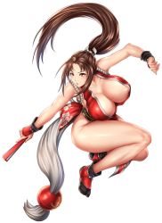 Rule 34 | 1girl, areola slip, bare shoulders, black footwear, breasts, brown eyes, brown hair, cleavage, fatal fury, fighting stance, folded fan, folding fan, hand fan, high ponytail, highres, huge breasts, kurone rinka, long hair, ninja, no bra, pelvic curtain, ponytail, revealing clothes, rope, shiranui mai, sidelocks, snk, solo, the king of fighters, thighs, wrist cuffs