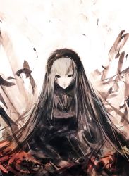 Rule 34 | 00s, 1girl, black dress, collar, dress, feathers, hairband, iori yakatabako, lolita hairband, long sleeves, looking at viewer, rozen maiden, silver hair, sitting, solo, suigintou, upper body