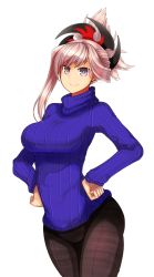 Rule 34 | 1girl, blue eyes, blush, breasts, choi kada, fate/grand order, fate (series), hair ornament, hand on own hip, large breasts, looking at viewer, miyamoto musashi (fate), ponytail, simple background, smile, solo, sweater, white background, yoroi kabuto
