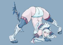 Rule 34 | 1girl, armor, artist request, ass, blue background, capcom, cropped vest, detached sleeves, fur-trimmed sleeves, fur-trimmed vest, fur trim, gloves, headband, highres, horns, jack-o&#039; challenge, kirin (armor), legs apart, long sword, medium hair, monster hunter (series), open mouth, parted lips, simple background, solo, source request, sword, thighs, top-down bottom-up, vest, weapon