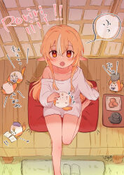 Rule 34 | 1girl, alternate costume, alternate hairstyle, bare legs, barefoot, bird, blonde hair, cardigan, casual, collarbone, dark-skinned female, dark skin, elf, food, hair between eyes, highres, hololive, kintsuba (shiranui flare), light blush, long hair, long sleeves, looking at viewer, multicolored hair, off shoulder, on pillow, open mouth, pillow, pointy ears, red eyes, sasaki (glass1138), shiranui flare, sidelocks, single bare shoulder, sitting, solo, speech bubble, streaked hair, tea, teapot, translation request, tray, virtual youtuber, white cardigan, white hair, wooden floor