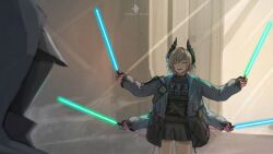 1boy 1girl arknights backlighting blonde_hair blue_lightsaber closed_eyes doctor_(arknights) energy_sword extra_arms general_grievous green_lightsaber holding_lightsaber hood horns indoors lightsaber raidian_(arknights) rh_1610 signature skirt smile star_wars star_wars:_revenge_of_the_sith sword weapon