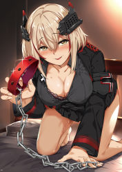 Rule 34 | 1girl, all fours, armband, azur lane, barefoot, bed, bed sheet, black jacket, black shirt, black skirt, blonde hair, blush, bra, breasts, chain, cleavage, collar, collarbone, collared shirt, commentary request, cross, hair between eyes, headgear, highres, holding, holding collar, indoors, iron cross, jacket, lace, lace-trimmed bra, lace trim, large breasts, long sleeves, looking at viewer, multicolored hair, naha78, non-web source, on bed, open mouth, pillow, pleated skirt, pussy juice, pussy juice trail, red collar, roon (azur lane), shirt, short hair, skirt, smile, smirk, solo, streaked hair, sweat, underwear, yellow eyes