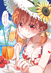 Rule 34 | 10s, 1girl, bad id, bad pixiv id, bendy straw, bikini, bow, braid, breasts, cleavage, day, drinking straw, flower, food, front-tie bikini top, front-tie top, fruit, hair bow, hat, hat flower, head rest, heart, index finger raised, jewelry, kitahara tomoe (kitahara koubou), looking at viewer, love live!, love live! sunshine!!, nail polish, necklace, ocean, orange (fruit), orange slice, outdoors, red eyes, red nails, scrunchie, side braid, smile, solo, straw hat, sun hat, sunflower, swimsuit, takami chika, translated, twitter username, wrist scrunchie, yellow bow