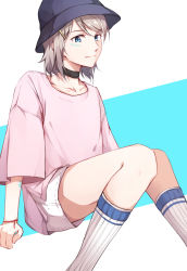 Rule 34 | 1girl, :|, absurdres, barcode, barcode tattoo, black choker, blue eyes, blue hat, bracelet, bucket hat, casual, choker, closed mouth, drawing on another&#039;s face, gemi 25, grey hair, hair ornament, hairpin, hat, highres, jewelry, knees together feet apart, love live!, love live! sunshine!!, navy blue hat, pink shirt, shirt, short hair, shorts, sitting, socks, solo, tattoo, watanabe you, white shorts