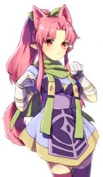 Rule 34 | 1girl, blush, breasts, cape, closed mouth, dress, gloves, hair ribbon, long hair, looking at viewer, millie chliette, murata tefu, pink eyes, pink hair, pointy ears, ponytail, ribbon, simple background, skirt, solo, star ocean, star ocean first departure, tail, white background