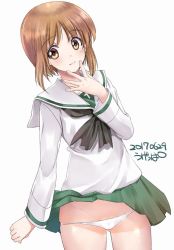 Rule 34 | 10s, 1girl, artist name, black neckerchief, blouse, brown eyes, brown hair, closed mouth, commentary request, cowboy shot, dated, dutch angle, finger to mouth, girls und panzer, green skirt, long sleeves, looking at viewer, lowleg, lowleg panties, miniskirt, neckerchief, nishizumi miho, ooarai school uniform, panties, pleated skirt, school uniform, serafuku, shirt, short hair, signature, simple background, skirt, smile, solo, standing, ugeppa, underwear, white background, white panties, white shirt, wind, wind lift