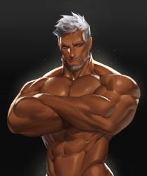 Rule 34 | 1boy, abs, bara, bare pectorals, beard, black background, character request, chest hair, commentary, copyright request, crossed arms, facial hair, fusion, glowing, highres, large pectorals, male focus, mature male, muscular, muscular male, na insoo, navel, old, old man, pectorals, red eyes, sideburns, simple background, white hair
