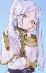 Rule 34 | 1girl, absurdres, belt, black belt, blue background, capelet, closed mouth, commentary, dress, earrings, elf, frieren, green eyes, grey hair, hand on own face, head rest, highres, jewelry, light smile, long hair, long sleeves, looking at viewer, looking down, mile (off8mile), parted bangs, pointy ears, simple background, smile, solo, sousou no frieren, thick eyebrows, twintails, upper body, white capelet, white dress