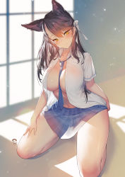 Rule 34 | 1girl, animal ears, atago (azur lane), azur lane, bare legs, between breasts, black hair, blue necktie, blue skirt, blush, breasts, closed mouth, collarbone, collared shirt, commission, dog ears, full body, hair ribbon, hand on own thigh, highres, indoors, kneeling, large breasts, long hair, looking at viewer, navel, necktie, open clothes, plaid, plaid skirt, ribbon, school uniform, shirt, short sleeves, skirt, smile, solo, suerte, white ribbon, white shirt, yellow eyes