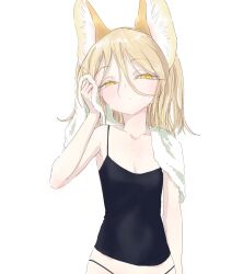 Rule 34 | 1girl, animal ears, black camisole, black panties, blonde hair, breasts, camisole, cleavage, collarbone, commentary request, fox ears, fox girl, hair between eyes, holding, holding towel, kudamaki tsukasa, long hair, panties, s-a-murai, small breasts, solo, touhou, towel, towel on one shoulder, underwear, underwear only, white background, white towel, yellow eyes