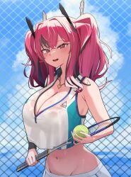 Rule 34 | 1girl, :d, azur lane, ball, bare shoulders, blue sky, blush, breasts, bremerton (azur lane), bremerton (scorching-hot training) (azur lane), cleavage, cloud, fence, groin, highres, jewelry, large breasts, long hair, looking at viewer, midriff, mole, mole on breast, navel, necklace, open mouth, pink eyes, pink hair, racket, sky, smile, solo, sportswear, tennis ball, tennis racket, tennis uniform, twintails, yzr (yzr99)