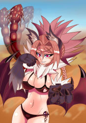 Rule 34 | 1girl, animal ear fluff, animal ears, animal hands, artist request, bat wings, bikini, blush, breasts, claws, cleavage, desert, highres, large breasts, lips, looking at viewer, manticore (monster girl encyclopedia), midriff, monster girl, monster girl encyclopedia, motion blur, red eyes, red hair, sideboob, solo, swimsuit, tail, thighs, wings