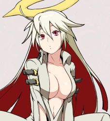 Rule 34 | 1girl, blonde hair, breasts, cleavage, spiked halo, guilty gear, guilty gear xrd, halo, jack-o&#039; valentine, jacket, krs (karasu), large breasts, long hair, looking at viewer, multicolored hair, parted lips, pink background, red eyes, red hair, simple background, solo