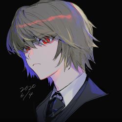 Rule 34 | 1boy, black background, black neckwear, blonde hair, closed mouth, collared shirt, commentary request, dated, from side, frown, hair over eyes, highres, hunter x hunter, kurapika, looking away, male focus, nima (nimamann), portrait, red eyes, shirt, short hair, simple background, solo, white shirt