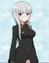 Rule 34 | black gloves, blush, collared shirt, glasses, gloves, heidimarie w. schnaufer, long hair, military uniform, necktie, non-web source, red eyes, shirt, simple background, solo, straight hair, tagme, uniform, white hair, world witches series