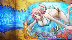 Rule 34 | 1girl, ass, bikini, breasts, butt crack, cleavage, curvy, female focus, fish, large breasts, looking at viewer, ocean, one piece, pink hair, rebecca (one piece), smile, swimming, swimsuit, tagme