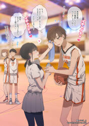 Rule 34 | 1boy, 3girls, ball, basketball (object), basketball uniform, black hair, black pantyhose, blurry, blurry background, blush, bottle, bracelet, breasts, brown eyes, brown hair, closed mouth, collared shirt, commentary request, grey skirt, heart, highres, holding, holding ball, holding hands, indoors, jewelry, long hair, low twintails, medium breasts, multiple girls, muromaki, necktie, open mouth, original, pantyhose, ponytail, red necktie, school uniform, shirt, short hair, short sleeves, shorts, skirt, sleeveless, sleeveless shirt, small breasts, spoken heart, sportswear, sweat, sweatdrop, teeth, translation request, twintails, twitter username, upper teeth only, water bottle, white shirt, white shorts, wiping sweat, yuri