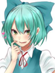 Rule 34 | 1girl, aqua hair, blue bow, blue dress, blush, bow, cirno, dress, fang, green eyes, hair bow, heart, looking at viewer, neck ribbon, onineko-chan, parted lips, puffy short sleeves, puffy sleeves, red ribbon, ribbon, scratching cheek, short hair, short sleeves, smile, solo, touhou, upper body, white background