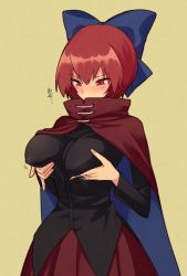 Rule 34 | 1girl, blush, breast hold, breasts, cape, covered mouth, covered erect nipples, green background, hair ribbon, large breasts, long sleeves, looking down, red eyes, red hair, ribbon, sekibanki, grabbing own breast, shirt, short hair, simple background, skirt, solo, text focus, touhou, upper body, urin