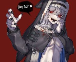 Rule 34 | 1girl, arknights, black jacket, black nails, black veil, blood, blood in mouth, blood on clothes, blood on face, blush, breasts, breasts apart, buckle, coif, commentary, english text, evil grin, evil smile, fingernails, grey hair, grin, habit, hair between eyes, hair flowing over, hand on own cheek, hand on own face, hands up, heart, high collar, highres, jacket, jewelry, long fingernails, long sleeves, looking at viewer, medium breasts, medium hair, mwomwomwo, nail polish, naked jacket, navel, necklace, nun, off shoulder, open clothes, open jacket, open mouth, pale skin, puffy long sleeves, puffy sleeves, reaching, reaching towards viewer, red background, red eyes, ribs, shadow, sharp fingernails, sharp teeth, simple background, skinny, smile, snap-fit buckle, solo, specter (arknights), speech bubble, standing, teeth, two-sided fabric, two-sided jacket, underboob, upper body, veil
