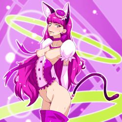 Rule 34 | 10s, 1girl, anal, anal beads, anal object insertion, anal tail, animal ears, arched back, arms behind back, boots, bottomless, breasts, butt plug, cat ears, choker, colored pubic hair, corset, cure macaron, drooling, elbow gloves, extra ears, fake tail, female pubic hair, food-themed hair ornament, from side, gloves, hair ornament, highres, kirakira precure a la mode, kotozume yukari, long hair, macaron hair ornament, magical girl, medium breasts, nipples, object insertion, precure, pubic hair, purple eyes, purple hair, purple ribbon, pussy juice, ribbon, ribbon choker, saliva, sex toy, smile, solo, tail, tesu, thigh boots, thighhighs, very long hair, white gloves
