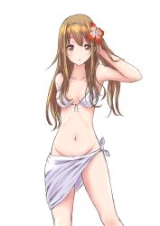 Rule 34 | 1girl, :o, arm up, bikini, bottomless, breasts, brown eyes, brown hair, cleavage, flower, hair flower, hair ornament, hairband, hand in own hair, highres, long hair, looking at viewer, navel, no panties, original, rucchiifu, sarong, simple background, sketch, smile, solo, swimsuit, white background, white bikini