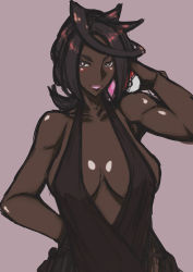 1girl, arm behind back, bangs, bare arms, black hair, body blush, breasts, bright pupils, brown dress, brown eyes, cleavage, closed mouth, collarbone, creatures (company), dark skin, diamond (shape), dress, earrings, elite four, eyelashes, game freak, gem, ggarden, hand up, highres, holding, holding poke ball, island kahuna, jewelry, large breasts, lips, looking at viewer, nintendo, no bra, olivia (pokemon), parted lips, pink lips, poke ball, poke ball (basic), pokemon, pokemon (game), pokemon sm, purple background, shiny, shiny skin, short hair, simple background, smile, solo, swept bangs, thick eyebrows, very dark skin, white pupils