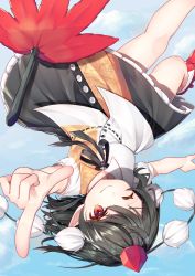 Rule 34 | 1girl, black hair, black neckwear, black ribbon, black skirt, blue sky, cloud, feather fan, floating, foot out of frame, geta, gunjou row, hair between eyes, hat, highres, looking at viewer, one eye closed, outstretched arms, petticoat, pointing, pointing at viewer, pom pom (clothes), puffy short sleeves, puffy sleeves, red eyes, red footwear, red hat, ribbon, shameimaru aya, shirt, short hair, short sleeves, skirt, sky, smile, solo, spread arms, tengu-geta, tokin hat, touhou, two-tone shirt, untucked shirt, upside-down