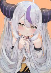 Rule 34 | 1girl, absurdres, ahoge, bare shoulders, blush, braid, closed mouth, commentary request, demon horns, grey hair, hair between eyes, highres, holding, holding own hair, hololive, horns, la+ darknesss, long hair, long sleeves, looking at viewer, multicolored hair, nemuta muu, pointy ears, purple hair, solo, streaked hair, twintails, upper body, virtual youtuber, yellow background, yellow eyes